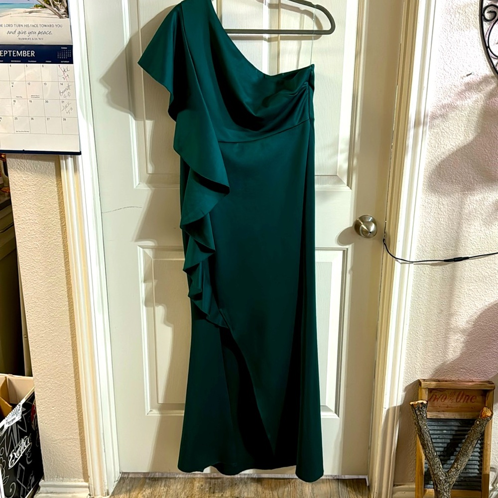 Full length formal gown with one shoulder and side ruffle